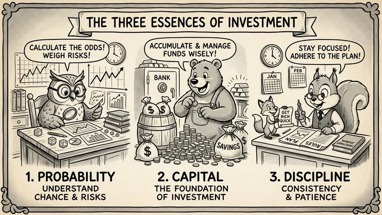 투자의 세 가지 공리 — Wise Investment Workshop 컨셉, 칠판·금고와 함께 학습하는 일러스트