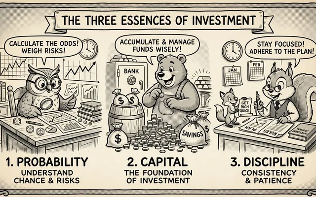 투자의 세 가지 공리 — Wise Investment Workshop 컨셉, 칠판·금고와 함께 학습하는 일러스트