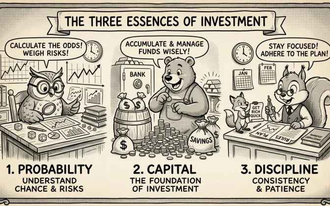 투자의 세 가지 공리 — Wise Investment Workshop 컨셉, 칠판·금고와 함께 학습하는 일러스트