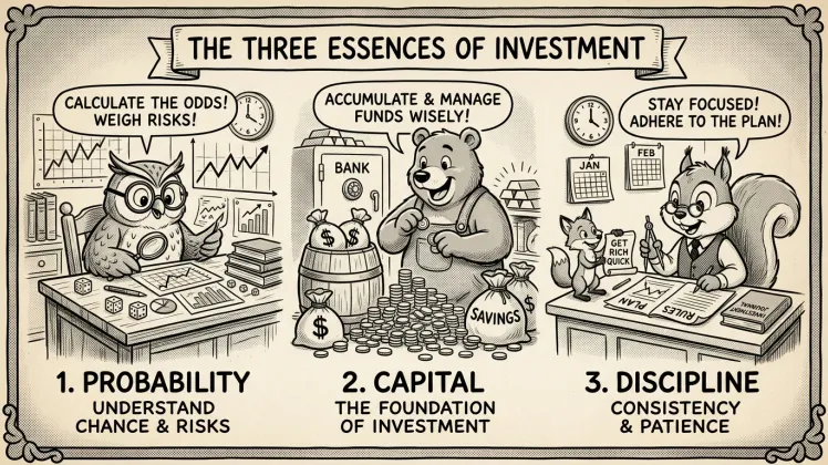 투자의 세 가지 공리 — Wise Investment Workshop 컨셉, 칠판·금고와 함께 학습하는 일러스트