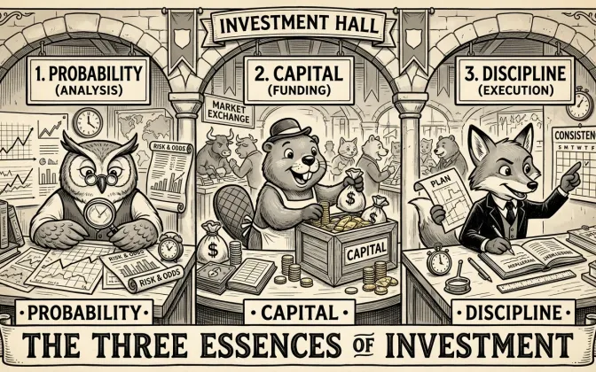 투자의 세 가지 공리 — Investment Hall 컨셉, 분석·자금·실행을 상징하는 의인화 일러스트