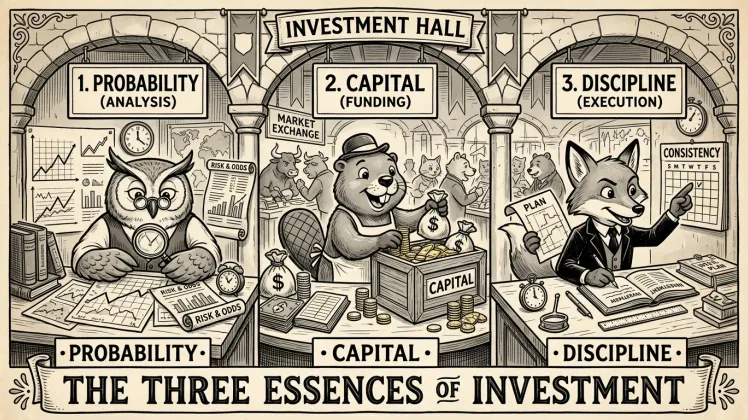 투자의 세 가지 공리 — Investment Hall 컨셉, 분석·자금·실행을 상징하는 의인화 일러스트