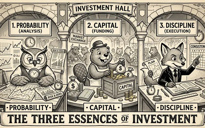 투자의 세 가지 공리 — Investment Hall 컨셉, 분석·자금·실행을 상징하는 의인화 일러스트