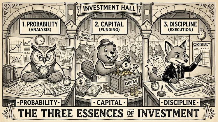 투자의 세 가지 공리 — Investment Hall 컨셉, 분석·자금·실행을 상징하는 의인화 일러스트