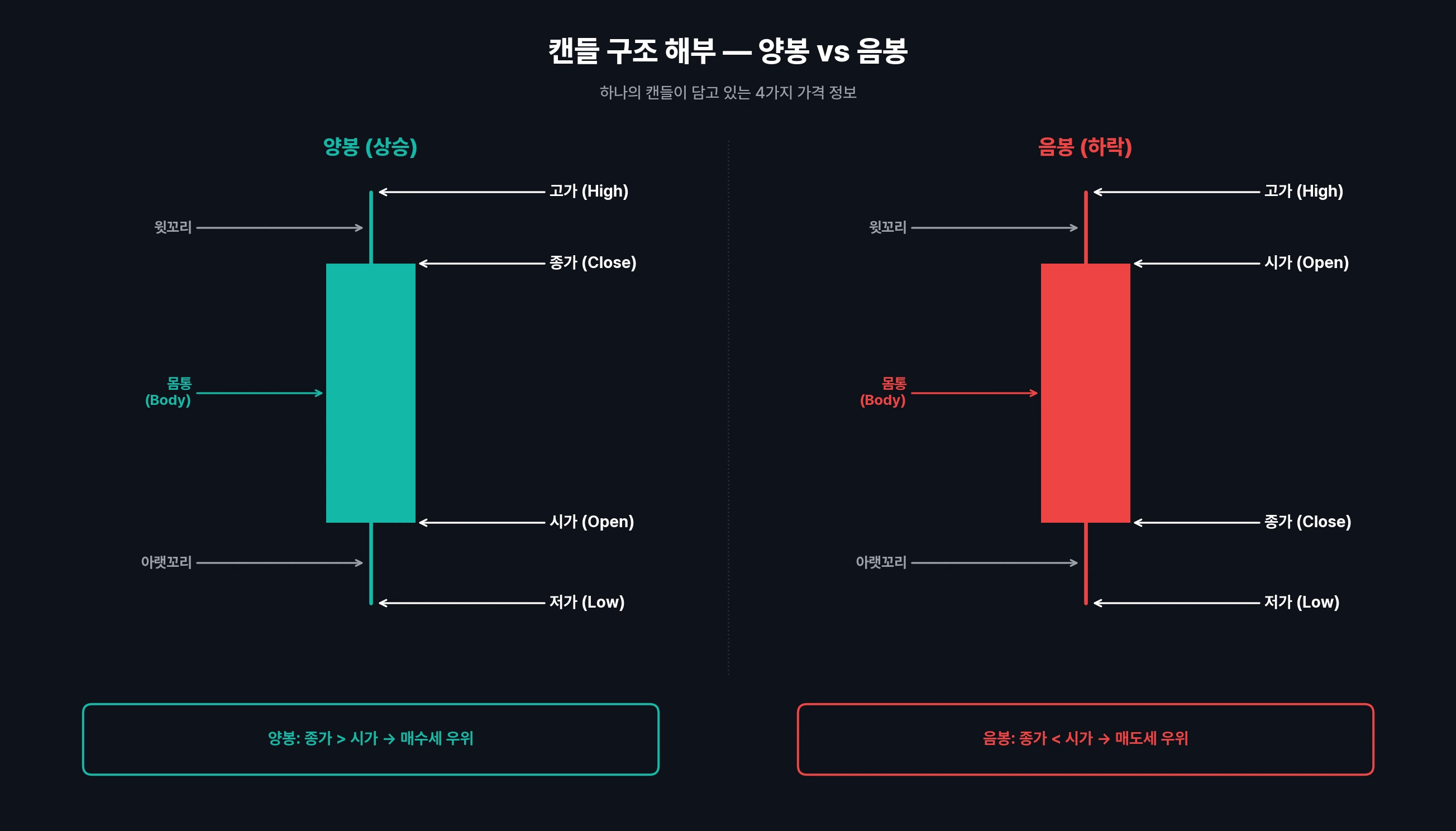 캔들스틱 기본 구조 해부 — 시가·고가·저가·종가와 양음봉 비교