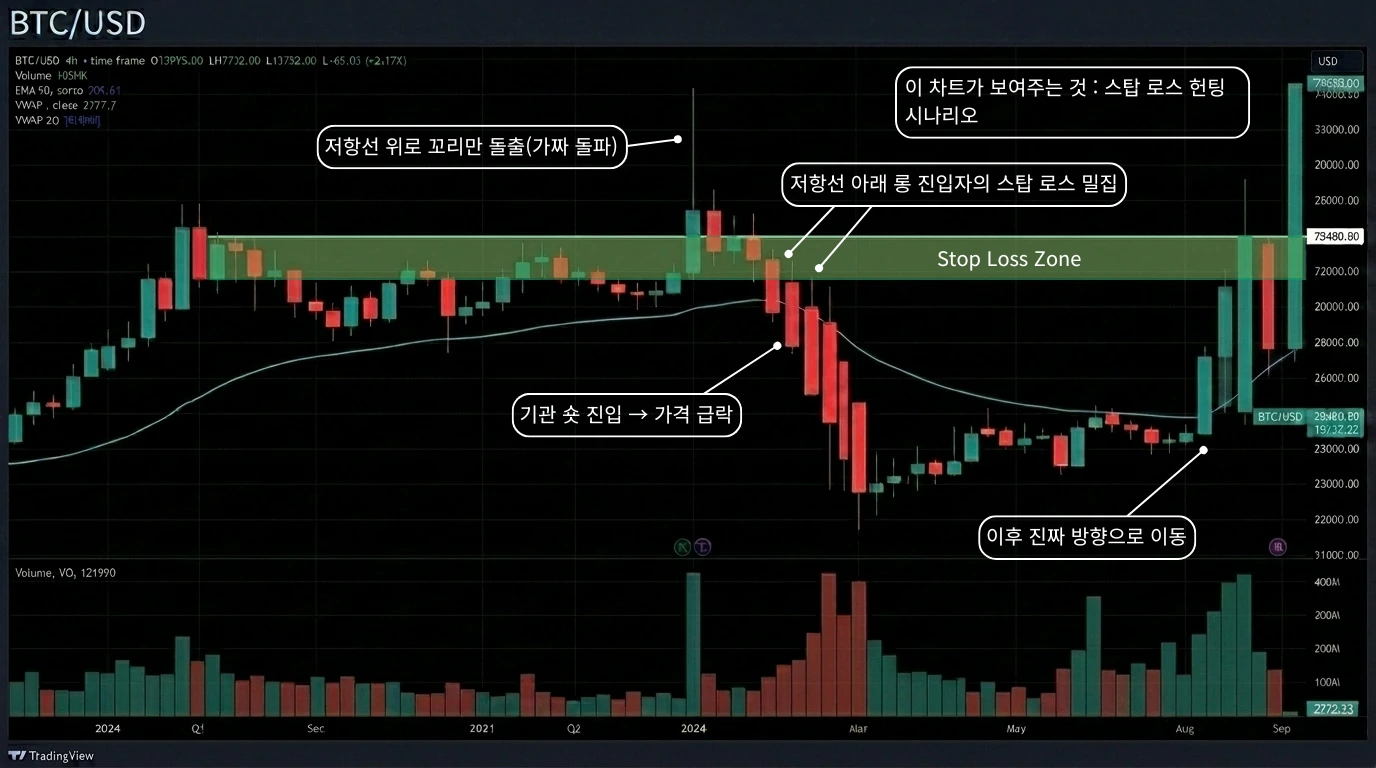 스탑로스 헌팅 — 가짜 돌파와 롱 스탑 청소 시나리오 차트